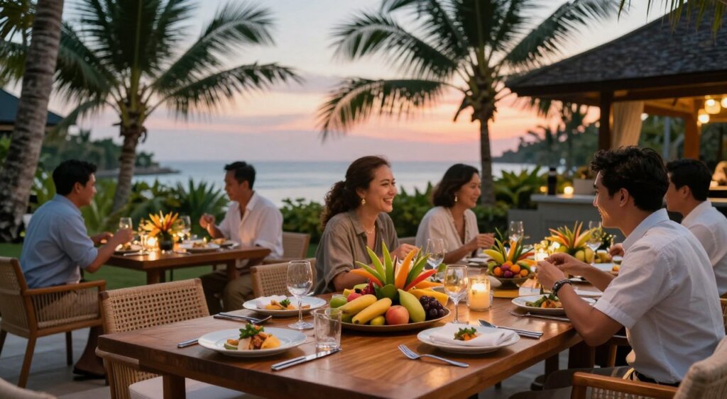 A beautifully arranged outdoor dining area at Zia Kuta Bali Hotel, showcasing an inviting tropical ambiance. In the foreground, a wooden dining table elegantly set with fine dinnerware, colorful fresh fruits, and lush floral centerpieces. The middle ground features patrons in smart casual attire enjoying their meals, engaged in cheerful conversation. The background reveals palm trees swaying gently in the breeze, with hints of vibrant sunset hues painting the sky. Soft, ambient lighting creates a warm glow throughout the scene, emphasizing the relaxed yet sophisticated atmosphere. Capture this scene with a shallow depth of field to focus on the dining experience while allowing the background to softly blur, evoking an alluring and serene mood.