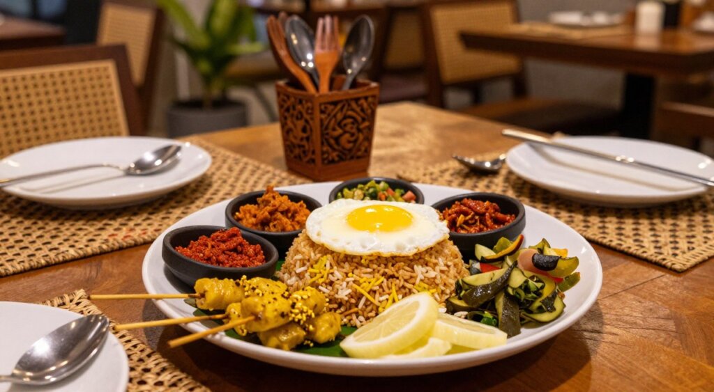 A beautifully arranged plate of authentic Indonesian Nasi Goreng Rijsttafel showcasing vibrant colors. In the foreground, a serving of fragrant fried rice topped with a sunny-side-up egg, surrounded by small portions of traditional side dishes such as satay skewers, sambal, and pickled vegetables. The middle ground features an elegant table setting with decorative Balinese motifs, including carved wooden utensils and woven placemats. The background captures a cozy cafe ambiance with warm, soft lighting creating an inviting atmosphere. A slight depth of field adds focus to the food while gently blurring the background elements. Capture this scene from a slightly elevated angle to enhance the dish's vibrancy and detail, evoking a sense of authentic Balinese cultural experience.
