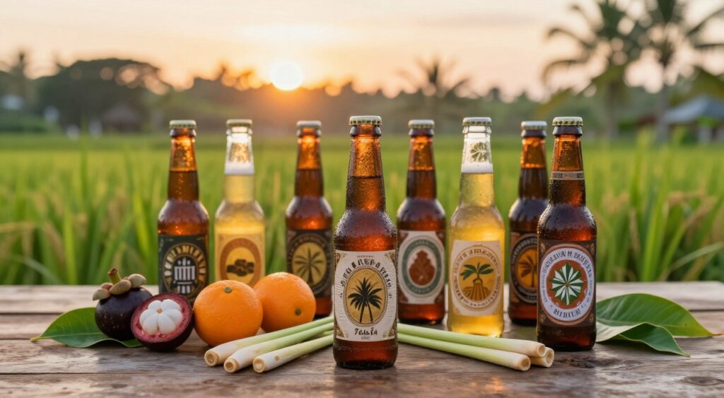 A beautifully arranged selection of craft beer bottles from Bali, showcasing unique local ingredients such as tropical fruits, herbs, and spices. In the foreground, several artisanal bottles with textured labels sit on a rustic wooden table, with condensation glistening on the glass. In the middle ground, fresh ingredients like bright orange mangosteen, fragrant lemongrass, and vibrant green pandan leaves are artistically scattered around the bottles. The background features a soft-focus view of lush Bali rice paddies under a warm golden sunset, enhancing the tropical ambiance. The scene is illuminated by gentle, natural light, capturing a relaxed and inviting atmosphere, perfect for highlighting the uniqueness of Bali beer. No people are present, allowing the focus to be solely on the exquisite craft beer and local ingredients.