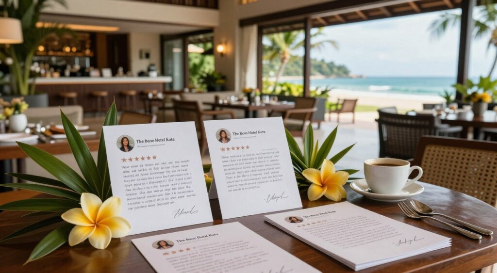 A beautifully arranged table at a luxurious hotel in Kuta, Bali, showcasing guest reviews for "The Bene Hotel Kuta." In the foreground, focus on elegant, handwritten testimonials displayed on chic stationery, surrounded by tropical flowers and a cup of coffee, reflecting warmth and hospitality. The middle ground features glimpses of the hotel’s opulent interior, with inviting seating areas and tropical decor. The background highlights a sunny Kuta beach view through large windows, emphasizing relaxation and serenity. The scene is illuminated by soft, natural light pouring in, creating a welcoming atmosphere. Shot with a shallow depth of field to accentuate the testimonials while softly blurring the hotel’s beautiful ambiance behind. The overall mood is inviting, sophisticated, and warm, perfect for a hospitality-focused article.