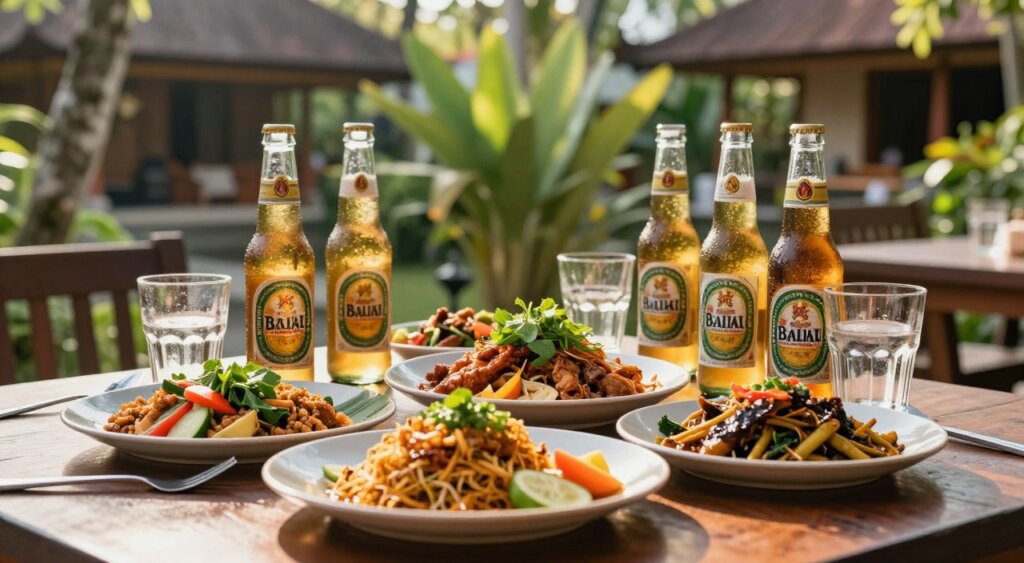 A beautifully arranged table set in a serene outdoor setting in Bali, showcasing a selection of local dishes paired with bottles of Bali beer. In the foreground, vibrant plates feature authentic Balinese cuisine, such as Nasi Goreng and Satay, beautifully garnished with fresh herbs and colorful vegetables. The middle ground captures chilled Bali beer bottles with condensation, glistening in the warm sunlight, paired with appropriate glassware. The background showcases lush Balinese greenery and traditional architecture, adding depth and authenticity to the scene. Natural sunlight bathes the entire composition, creating warm, inviting tones and gentle shadows. The atmosphere is relaxed and inviting, inviting the viewer to experience the flavors of Bali in a harmonious culinary pairing.
