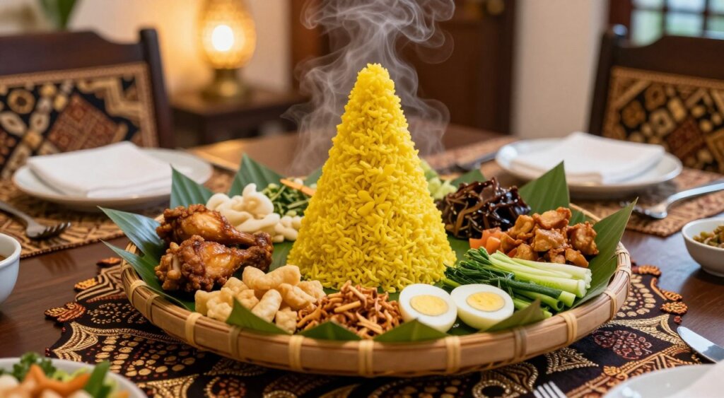 A beautifully arranged traditional tumpeng presentation of nasi kuning, featuring a vibrant yellow cone-shaped rice centerpiece, surrounded by an array of colorful accompaniments like fried chicken, tempeh, boiled eggs, fresh vegetables, and fried shallots. In the foreground, a wooden serving platter elegantly displays intricate bamboo leaves and garnishes, with steam gently rising from the hot dishes. In the middle ground, the table is adorned with decorative batik cloth and traditional serving utensils. The background features a softly lit Indonesian-style dining room, with warm lighting creating an inviting atmosphere. The composition should emphasize the richness of the cultural heritage, capturing the essence of celebration and togetherness, in a realistic photojournalism style with a shallow depth of field to highlight the tumpeng.