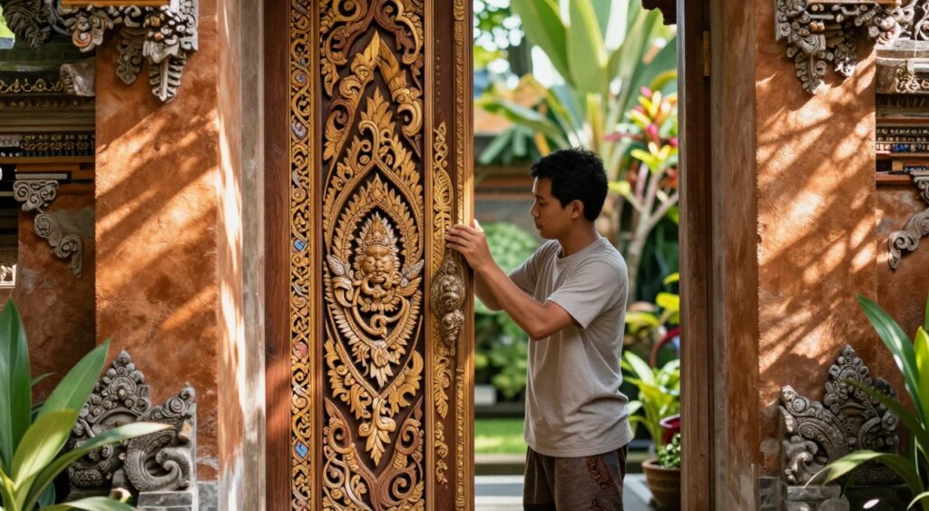 A beautifully crafted Bali door in the foreground, showcasing intricate woodwork and vibrant colors, reflecting traditional Balinese craftsmanship. In the middle ground, a person in modest, casual clothing is carefully applying a protective finish to the door, demonstrating maintenance techniques. Surrounding the scene is a lush garden typical of Bali, with tropical plants and soft dappled sunlight illuminating the door, enhancing its rich textures and details. The atmosphere is serene and inviting, encapsulating a sense of care and attention to the beauty of Bali doors. The angle captures both the craftsmanship of the door and the process of maintenance, ensuring a clear focus on the subject.