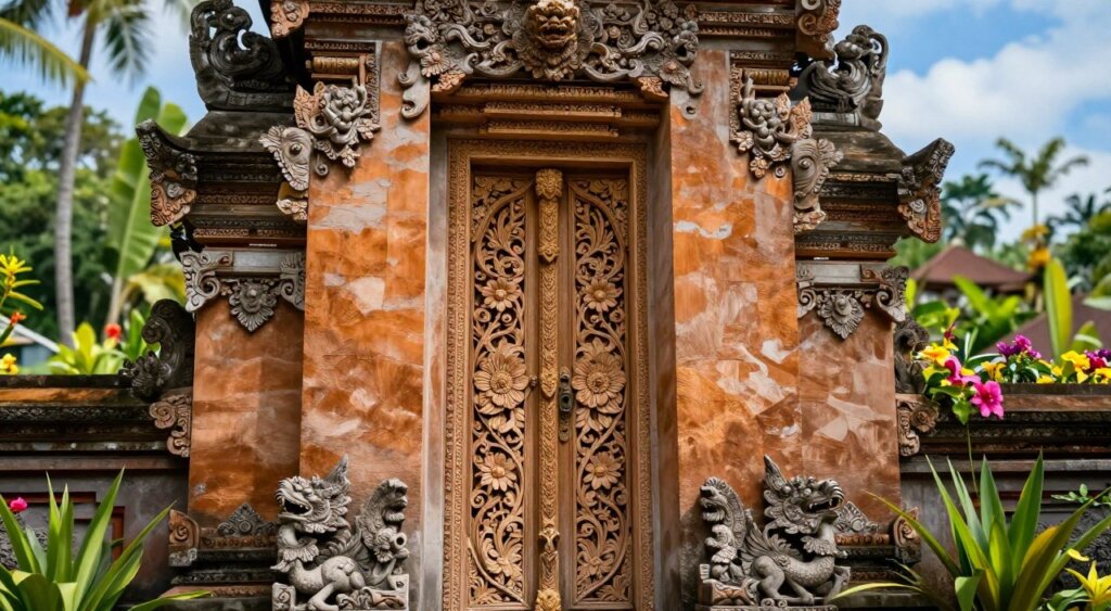 A beautifully crafted traditional Balinese door featuring intricate wood carvings, showcasing elaborate floral designs and mythical creatures. The foreground highlights the exquisite details of the carvings, with soft, natural light illuminating the textures, revealing every curve and line. In the middle ground, the door is set against a lush, tropical garden filled with vibrant greenery and colorful flowers, subtly blurred to focus on the door itself. The background displays a serene Balinese landscape under a clear blue sky, evoking a peaceful and inviting atmosphere. The photograph captures a sense of cultural richness and artistry, emphasizing the craftsmanship and beauty of traditional Bali doors. Shot with a wide-angle lens, the composition conveys depth and perspective, with a warm, inviting ambiance.