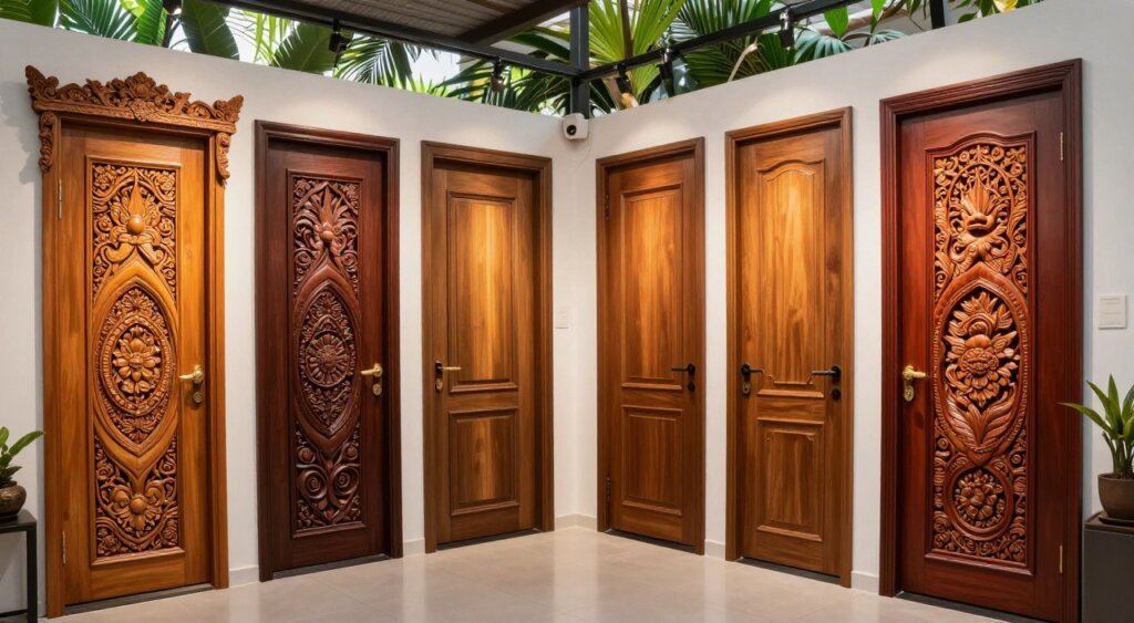 A beautifully curated selection of custom Bali door styles displayed in an elegant showroom. In the foreground, showcase intricately carved wooden doors with vibrant colors, featuring traditional Balinese motifs like floral designs and mythical creatures. The middle ground should include a variety of door styles, from ornate double doors to sleek modern designs, each highlighted by soft, warm lighting that enhances their textures. In the background, add lush tropical plants peeking through an open space, creating a serene atmosphere. Use a wide-angle lens to capture the breadth of the selection, with a slightly elevated angle to emphasize the craftsmanship. Aim for a bright, inviting mood that reflects the charm of Bali doors and their suitability for home decor.