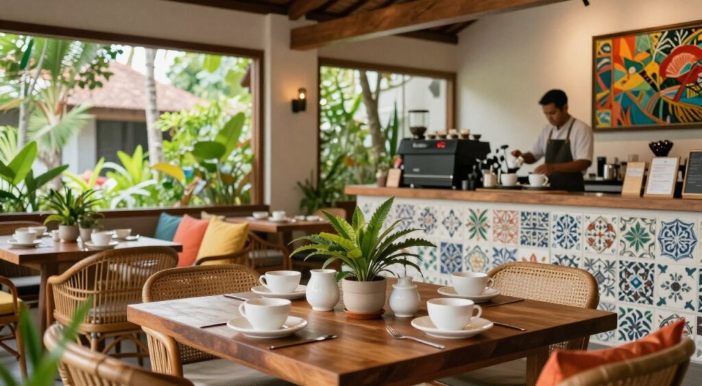 A beautifully designed cafe in Bali, showcasing inspiring decor and unique atmosphere. In the foreground, an inviting wooden table adorned with tropical plants and artfully arranged white ceramic tableware. The middle ground features a cozy seating area with rattan chairs, vibrant cushions, and a stunning view of lush greenery through large windows. A barista in modest casual clothing prepares artisanal coffee at a stylish counter with decorative tiles. In the background, soft natural light floods the space, highlighting handcrafted wooden beams and vibrant local artwork on the walls. The atmosphere is warm and welcoming, evoking a sense of relaxation and creativity. Capture this scene with a warm, soft focus, evoking a photojournalistic quality that enhances the inviting ambiance.