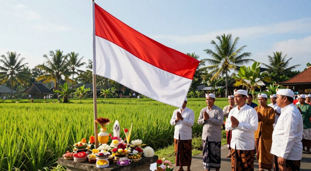 A beautifully detailed Bali flag comes alive in a ceremonial context, depicted in vivid colors of red and white, fluttering gracefully in a serene outdoor setting. In the foreground, soft, colorful offerings of flowers and traditional Balinese canang sari are arranged on a stone altar, symbolizing respect and devotion. In the middle ground, a group of local Balinese people in modest, traditional attire gather around the flag, expressing reverence as they participate in a ceremony, their faces reflecting a blend of joy and solemnity. The background features lush green rice paddies and palm trees under a bright blue sky, casting gentle sunlight over the scene. The atmosphere is harmonious and peaceful, capturing a moment of cultural significance and community pride. The image is shot with a warm, natural light using a wide-angle lens to enhance the depth and richness of the setting, evoking a sense of tradition and celebration.