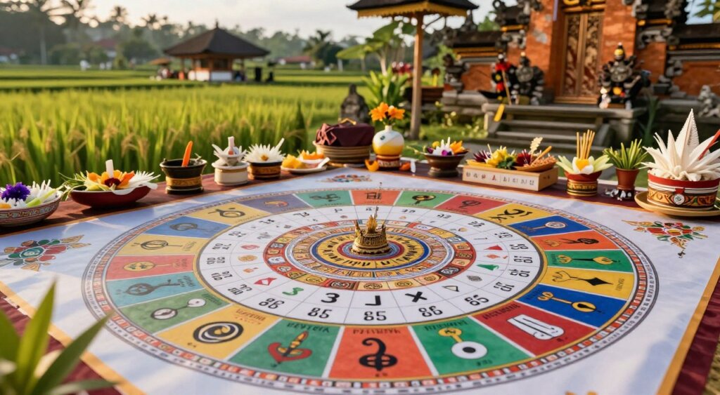 A beautifully detailed, vibrant illustration of the Balinese Pawukon calendar, prominently displayed in the foreground, showcasing intricately painted symbols and patterns that represent each week and important rituals. In the middle ground, traditional Balinese offerings, such as canang sari, are delicately arranged around the calendar, enhancing the cultural context. The background features lush rice paddies and a serene Balinese temple, bathed in warm golden sunlight, evoking a sense of peace and spiritual connection. The atmosphere is tranquil, capturing the essence of the Kuningan ceremony, with soft shadows and natural lighting lending depth to the scene. The angle is slightly elevated, creating a panoramic view that immerses the viewer in the rich traditions of Bali, without any text or overlays.