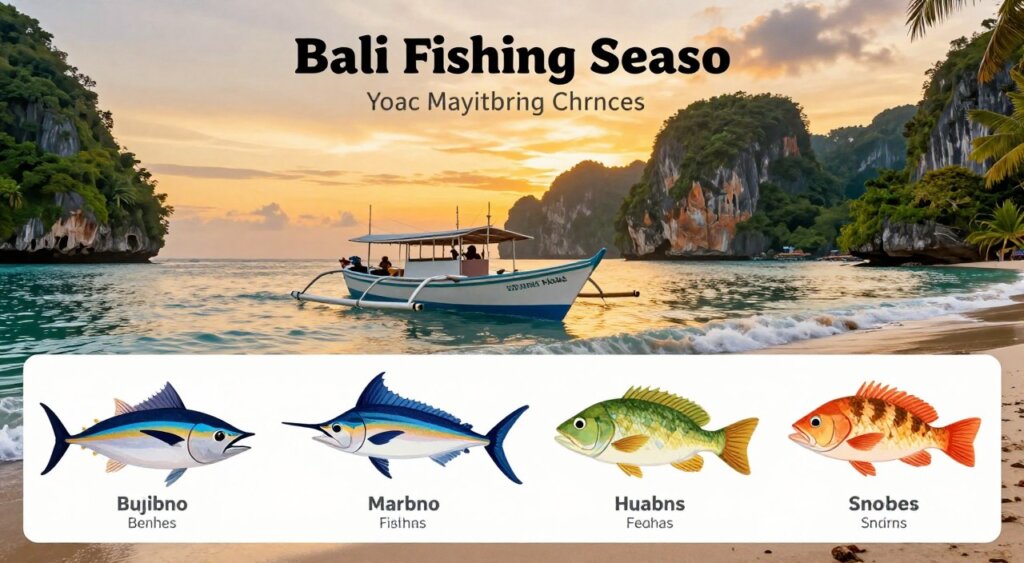 A beautifully illustrated fishing season chart for Bali, showcasing distinct seasonal trends in fish availability and ideal fishing times. In the foreground, detailed graphs highlight key species like tuna, marlin, and snapper, with vibrant colors representing peak fishing months. The middle layer features a picturesque depiction of a Bali fishing boat on serene waters, surrounded by lush green cliffs and a vibrant sunset sky casting warm golden light. In the background, gentle waves lap against the shore, creating a tranquil atmosphere. The mood is inviting and informative, aimed at promoting Bali's fishing charters. Focus on clarity and professionalism, capturing the essence of Bali's unique fishing environment without any text overlay or distractions.