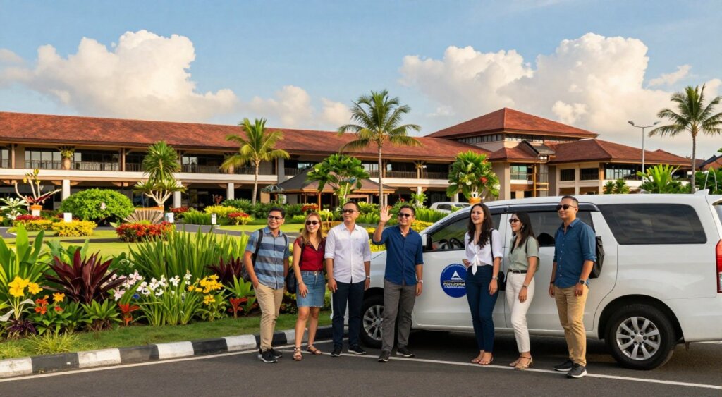 A beautifully organized and serene Bali airport arrival scene, captured in the foreground with a diverse group of travelers dressed in smart casual clothing, standing happily beside a well-labeled transfer vehicle. The middle ground features an elegant, tropical landscape rich with lush greenery, vibrant flowers, and palm trees, creating a welcoming atmosphere. In the background, a clear blue sky with soft, fluffy clouds frames the Bali airport, emphasizing its well-designed architecture. The scene is bathed in warm, natural sunlight, highlighting the joy and anticipation on the travelers’ faces as they prepare for their seamless arrival in Bali. The composition should evoke a sense of comfort, tranquility, and excitement, suitable for a travel article.