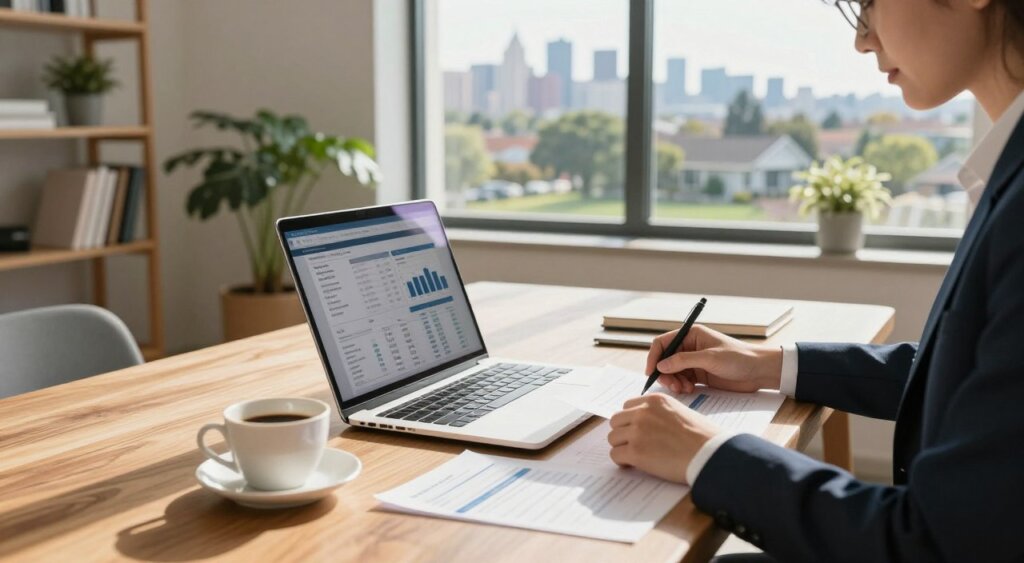 A beautifully organized workspace featuring a laptop, budget spreadsheets, and a cup of coffee on a wooden table. In the foreground, a focused individual in professional attire, working diligently on a financial planning document specific to remote work opportunities in the US. The middle ground showcases a bright, airy home office with plants, bookshelves, and an open window revealing a serene suburban neighborhood. In the background, a vibrant city skyline subtly hints at the variety of locations available for digital nomads. Soft morning light filters through the window, casting gentle shadows and creating an atmosphere of productivity and aspiration. The overall mood is motivating and professional, reflecting the interconnectedness of cost of living and remote work in a modern setting.