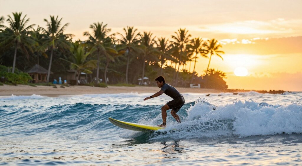 A beginner surfer, wearing a modest wetsuit, is skillfully catching a wave at a popular surf spot in Bali. In the foreground, the surfer is mid-action, balancing on a bright surfboard, spray from the wave gleaming in the sunlight. The middle ground features a clear blue ocean with rolling waves and a smooth sandy beach lined with lush palm trees. In the background, a vibrant sunset casts a warm golden light across the horizon, enhancing the serene tropical atmosphere. The scene is captured with a shallow depth of field, focusing on the surfer while softly blurring the background. The overall mood is exhilarating and adventurous, embodying the essence of Bali as a surfing paradise. The lighting is natural, with the sun low in the sky, creating picturesque highlights on the water.