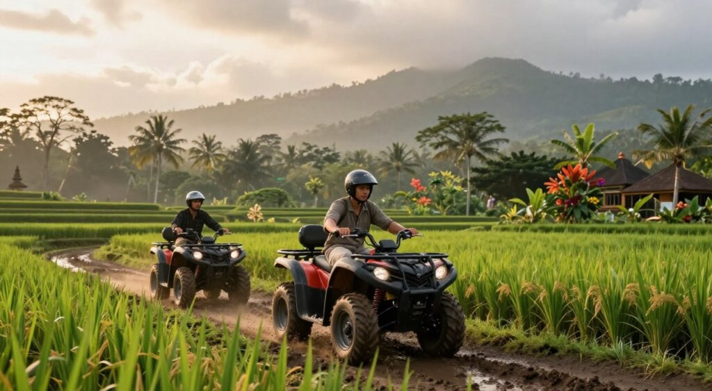 A breathtaking ATV adventure scene in Ubud, Bali. In the foreground, two riders, dressed in modest casual clothing and wearing safety helmets, skillfully navigate their ATVs over a rugged, muddy path surrounded by lush green rice paddies. In the middle ground, tropical trees and vibrant flora frame the action, while glimpses of traditional Balinese architecture can be seen peeking through the foliage. The background reveals the stunning mist-covered hills of Ubud, bathed in warm, golden sunlight filtering through the clouds, creating a dynamic atmosphere of excitement and adventure. Capture this moment from a low angle to emphasize the riders’ determination and the beauty of the landscape, reflecting a harmonious blend of thrill and nature’s majesty.