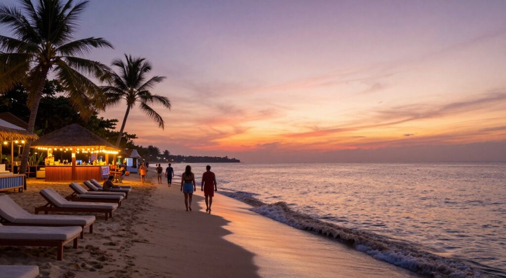 A breathtaking Seminyak beach at sunset, showcasing a serene atmosphere filled with relaxing vibes. In the foreground, soft waves gently lap against the sandy shore, where beachgoers walk, enjoying the evening glow in casual beach attire. The middle ground features a cluster of elegantly styled beach lounges and palm trees swaying lightly in the ocean breeze, while a vibrant beach bar with warm fairy lights adds a touch of sophistication. The background captures a stunning sunset with hues of orange, pink, and purple blending beautifully across the sky, reflecting off the calm waters. The scene is illuminated with soft, golden lighting, evoking a peaceful and inviting ambiance, captured from a slightly elevated angle to emphasize the vastness of the beach and the beauty of the landscape.