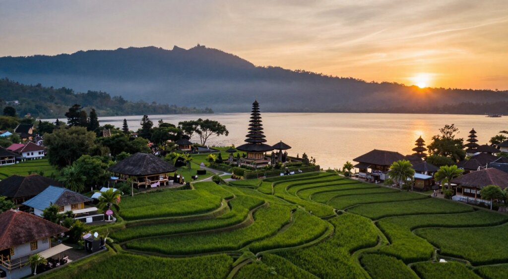 A breathtaking aerial view of Bali's key destinations, showcasing the lush green rice terraces of Ubud in the foreground, dotted with small traditional Balinese homes. Surrounding the terraces, the middle ground reveals the iconic temple of Ulun Danu Bratan, elegantly situated on the serene waters of Lake Bratan, with the misty mountains rising in the background. A vibrant sunset casts a warm golden glow over the landscape, enhancing the rich colors of the scenery. The composition emphasizes the beauty of Bali, evoking a sense of tranquility and adventure. The scene should be captured with a wide-angle lens, providing depth and perspective, while maintaining the clarity and detail typical of professional photojournalism. The atmosphere is peaceful, inviting viewers to explore these stunning locations.