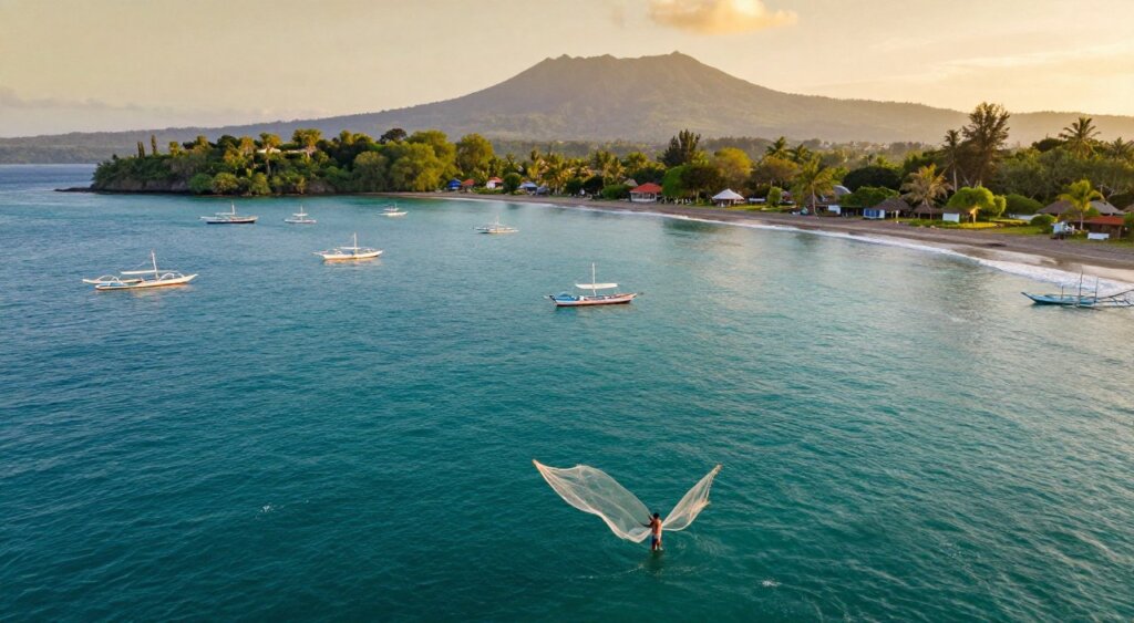 A breathtaking aerial view of Bali's top fishing destinations, showcasing vibrant turquoise waters, lush green coastal landscapes, and traditional fishing boats dotting the horizon. In the foreground, a local fisherman in modest, casual clothing casts his net into the water, embodying the spirit of Bali's rich fishing culture. In the middle ground, a scenic coastline highlights famous fishing spots like Amed and Nusa Dua, with gentle waves lapping against the shores. In the background, the majestic silhouette of Bali's mountains under a warm golden sunset creates a serene and inviting atmosphere. The image should have soft, natural lighting that enhances the vibrant colors of the ocean and greenery, captured with a wide-angle lens to emphasize the expansive beauty of Bali's fishing locales, reminiscent of National Geographic photojournalism.