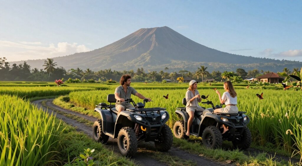 A breathtaking image of a sustainable quad biking experience in Bali, capturing the essence of adventure and environmental awareness. In the foreground, an eco-friendly quad bike is parked on a verdant trail surrounded by lush green rice paddies. The middle ground features two riders dressed in modest, casual clothing, actively engaging with local biodiversity, such as observing butterflies and flora. In the background, serene volcanic mountains peak through a clear blue sky, bathed in warm, golden sunlight, enhancing the tranquil atmosphere. Use a wide-angle lens to emphasize the expansive landscape. The mood should evoke a sense of harmony between adventure and nature, showcasing eco-conscious tourism in a UNESCO World Heritage site.