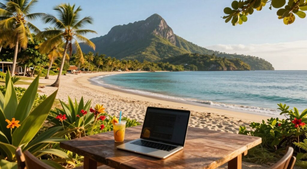 A breathtaking panorama of Panama showcasing its stunning remote work landscapes. In the foreground, a laptop rests on a rustic wooden table with a tropical fruit drink beside it, surrounded by lush greenery and vibrant flowers. The middle ground features a serene beach with soft white sand and calm turquoise waters, dotted with palm trees swaying gently in the breeze. In the background, majestic mountains rise under a clear blue sky, illuminated by warm, golden sunlight. The scene captures an inviting and relaxed atmosphere, perfect for digital nomads. Emphasize natural sunlight casting soft shadows, and use a wide-angle lens perspective to enhance the expansive beauty of the destination.