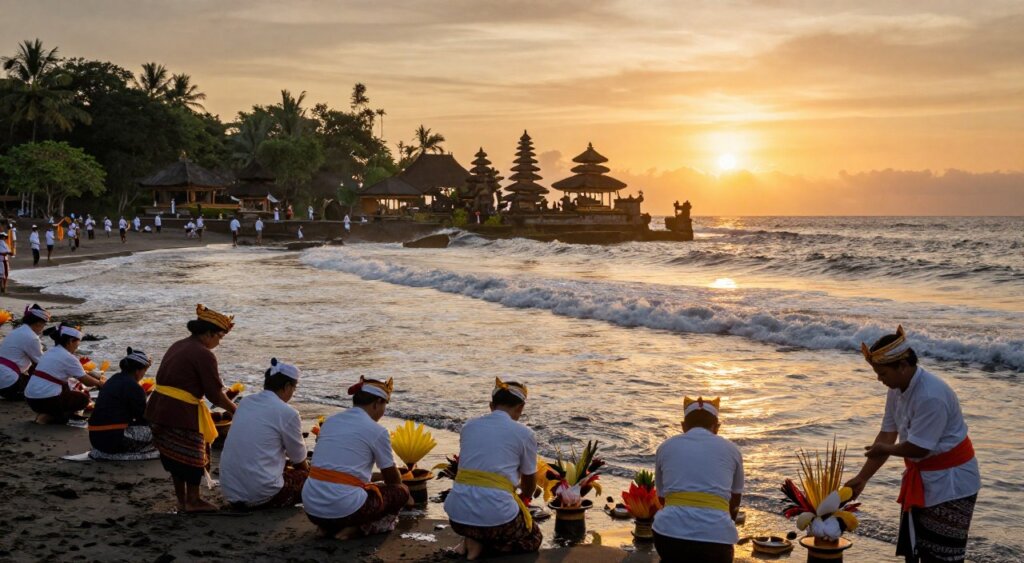 A breathtaking scene capturing the Melasti Purification Ceremony set against the backdrop of Bali's lush landscape. In the foreground, groups of locals dressed in traditional Balinese attire, including white offerings, colorful sashes, and intricate headdresses, prepare sacred items for ritualistic cleansing in the ocean. The middle ground features the shimmering waves gently lapping against the sandy shore, where offerings are set afloat. In the background, a vivid sunset casts a warm golden hue over a temple silhouette, symbolizing spiritual connection and cultural richness. The image is infused with a sense of serenity and reverence, with soft, diffused lighting enhancing the magical atmosphere. A wide-angle perspective invites the viewer into this moment, evoking a feeling of peace and historical significance, reminiscent of National Geographic's stunning photojournalism style.