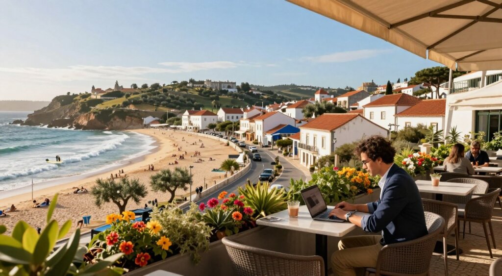 A breathtaking scenic view of popular remote work destinations in Portugal, featuring a vibrant coastal town with traditional architecture and modern coworking spaces. In the foreground, a professional individual dressed in smart casual attire is sitting at a stylish outdoor café table, working on a laptop, surrounded by lush greenery and colorful flowers. In the middle ground, charming streets lead to a picturesque beach with sunbathers and surfers enjoying the sun and waves. The background showcases rolling hills dotted with olive trees and the distant outline of historic buildings under a bright blue sky. The lighting is warm and inviting, with a soft golden hour glow, creating an atmosphere of inspiration and tranquility. The composition is captured with a wide-angle lens from a low angle to emphasize the beauty of the surroundings.