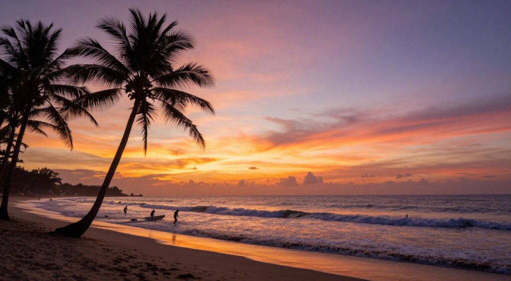 A breathtaking sunset over Kuta Beach, Indonesia, showcasing vibrant orange, pink, and purple hues reflecting off the gentle waves. In the foreground, silhouetted palm trees sway lightly in the evening breeze, creating a tropical ambiance. The middle ground captures surfers riding the last waves of the day, their outlines accentuated by the warm golden light. In the background, the sky transitions from daylight to twilight, with wispy clouds illuminated by the setting sun. The scene is bathed in a soft, warm glow, evoking a peaceful and serene atmosphere. Captured with a wide-angle lens to encompass the beauty of the beach, the composition conveys the essence of unwinding at sunset, perfect for a tranquil evening.