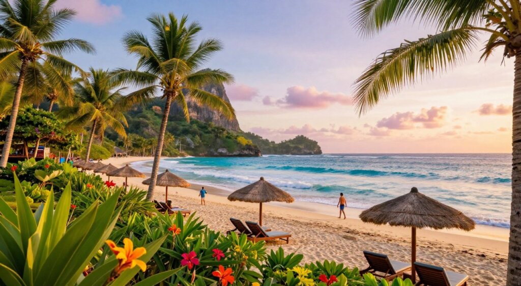 A breathtaking tropical paradise scene showcasing nearby attractions of Bene Kuta. In the foreground, vibrant lush greenery with tropical flowers in full bloom, accompanied by serene lounge chairs under straw umbrellas. The middle ground reveals a stunning azure coastline with gentle waves lapping at the sandy beach, where families enjoy a day out in modest casual attire. Palm trees sway softly in the breeze, creating a sense of tranquility. The background features majestic cliffs and lush hills cascading into the sea, bathed in soft golden sunlight that enhances the inviting atmosphere. Utilize a wide-angle lens for depth, capturing a vibrant sky painted with soft pastels during sunset. The mood is warm and inviting, perfect for illustrating the allure of this tropical destination.