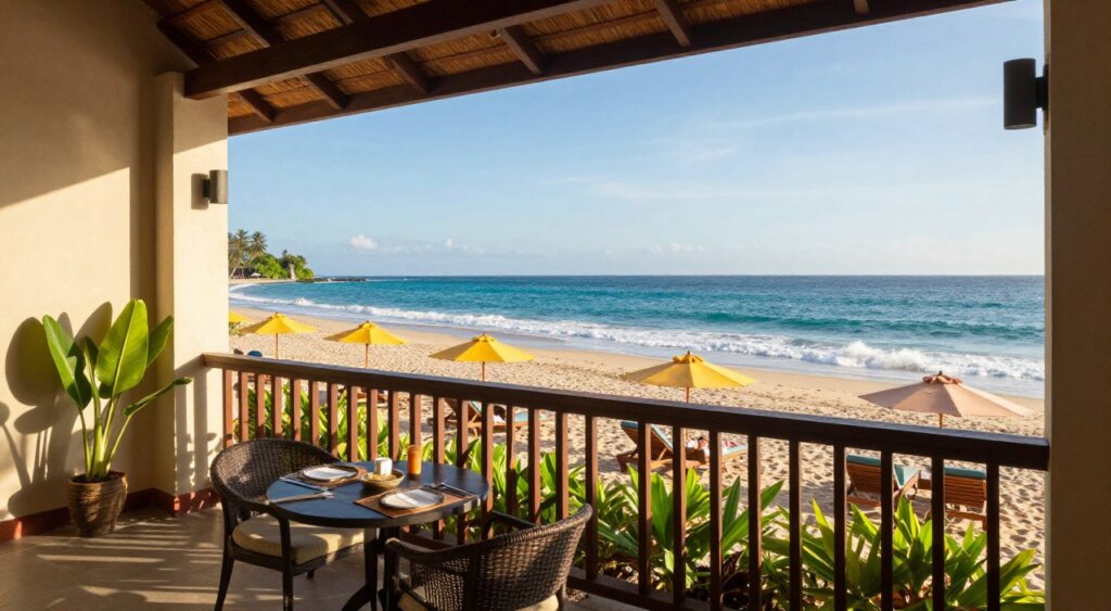 A breathtaking view from the balcony of a beachfront hotel in Bali, showcasing the serene ambiance of Hotel Amnaya Resort Kuta. In the foreground, a cozy balcony adorned with tropical plants and a small table set for two. The middle ground features the inviting sandy beach, lined with lounge chairs under vibrant umbrellas, where guests can unwind. In the background, the sparkling turquoise ocean meets the clear blue sky, with gentle waves lapping at the shore. The scene is illuminated by warm, golden sunlight, casting a soft glow over the entire setting, creating a tranquil and inviting atmosphere. Captured with a wide-angle lens to emphasize the expansive view, this image embodies relaxation and luxury.