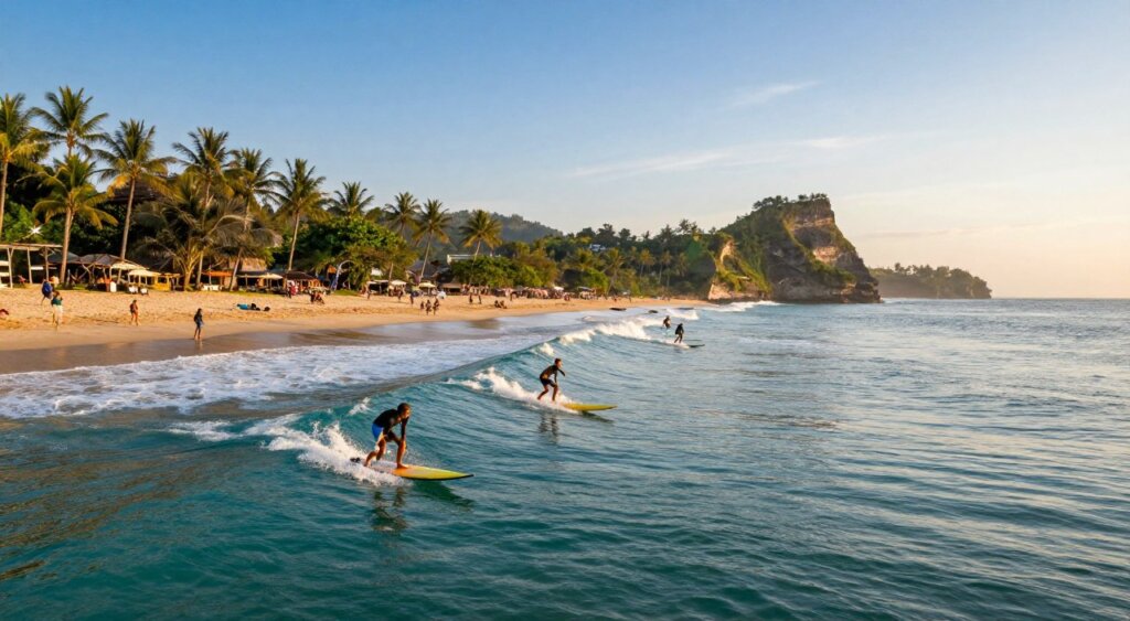 A breathtaking view of Bali's famous beaches showcasing surfing spots in Uluwatu, Canggu, and Seminyak. In the foreground, a group of surfers confidently ride the vibrant turquoise waves, their colorful boards cutting through the water. The middle ground captures the dynamic coastline, with golden sands dotted with beachgoers enjoying the sun, while palm trees sway gently in the breeze. In the background, majestic cliffs rise against a clear blue sky, complemented by the warm glow of the setting sun, casting golden hues on the water. Photograph taken with a wide-angle lens, with soft natural lighting enhancing the tranquil yet adventurous mood, reminiscent of National Geographic’s stunning photojournalism style.