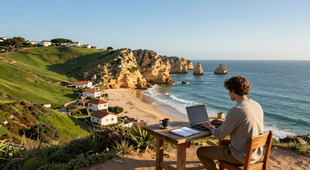 A breathtaking view of Portugal’s scenic coastline, showcasing rugged cliffs meeting the Atlantic Ocean under a clear blue sky. In the foreground, a digital nomad sits at a rustic wooden desk, working on a laptop, dressed in modest casual clothing, surrounded by a few personal items like a notebook and a coffee cup. In the middle ground, vibrant green hills slope down to pristine sandy beaches dotted with charming beach houses. The background features iconic rock formations rising from the water, with gentle waves lapping at the shore. The scene is illuminated by warm, golden afternoon sunlight, capturing the peaceful and inspiring atmosphere of a perfect work-life balance. The composition is shot from a slightly elevated angle to encompass both the coastline and the engaged nomad, creating a sense of connection to the landscape.