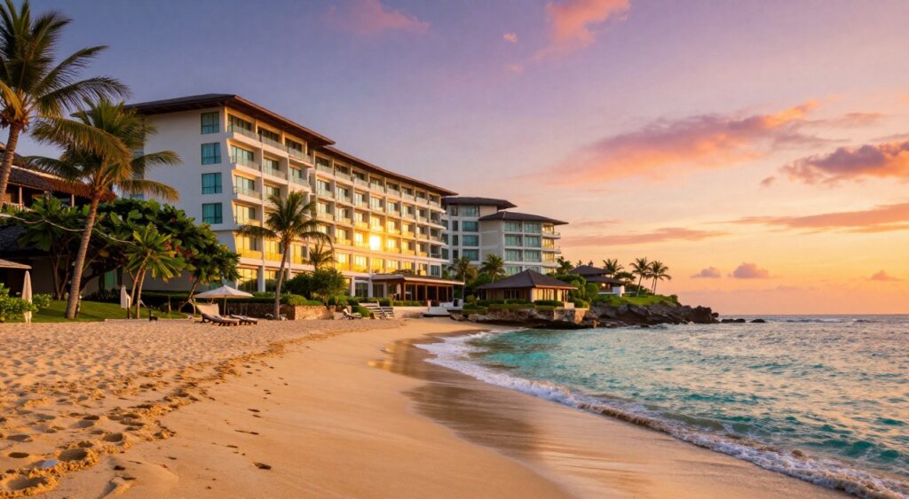 A breathtaking view of The Bene Hotel Kuta Bali, capturing its stunning beachfront location. In the foreground, soft golden sand stretches along the shoreline, gently lapped by calm turquoise waves. The middle ground features the hotel's modern architecture with large glass windows reflecting the sunlight, adorned with lush tropical landscaping. The background showcases a vibrant sunset sky, painted in hues of orange, pink, and purple, illuminating the horizon. The scene conveys a serene and inviting atmosphere, ideal for relaxation and leisure. Lighting is warm and natural, evoking a tropical paradise. The perspective is from a low angle, emphasizing the hotel's grandeur while maintaining focus on the beautiful beach setting, all in a professional photojournalism style reminiscent of National Geographic quality.