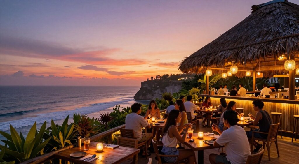 A breathtaking view of Uluwatu sunset bar during twilight, showcasing a vibrant skyline. In the foreground, elegantly set wooden tables with flickering candles and soft lighting, featuring patrons dressed in stylish, modest casual attire enjoying drinks and lively conversations. The middle ground captures the bar’s stunning architecture, adorned with tropical plants and a thatched roof, providing a cozy yet chic atmosphere. The background reveals the sky painted in hues of orange, pink, and purple as the sun sets over the pristine ocean, with gentle waves lapping against the cliffs. The scene is illuminated by warm golden light, evoking a relaxed and inviting mood typical of vibrant nightlife. Use a wide-angle lens to enhance the depth and capture the entirety of this picturesque setting.