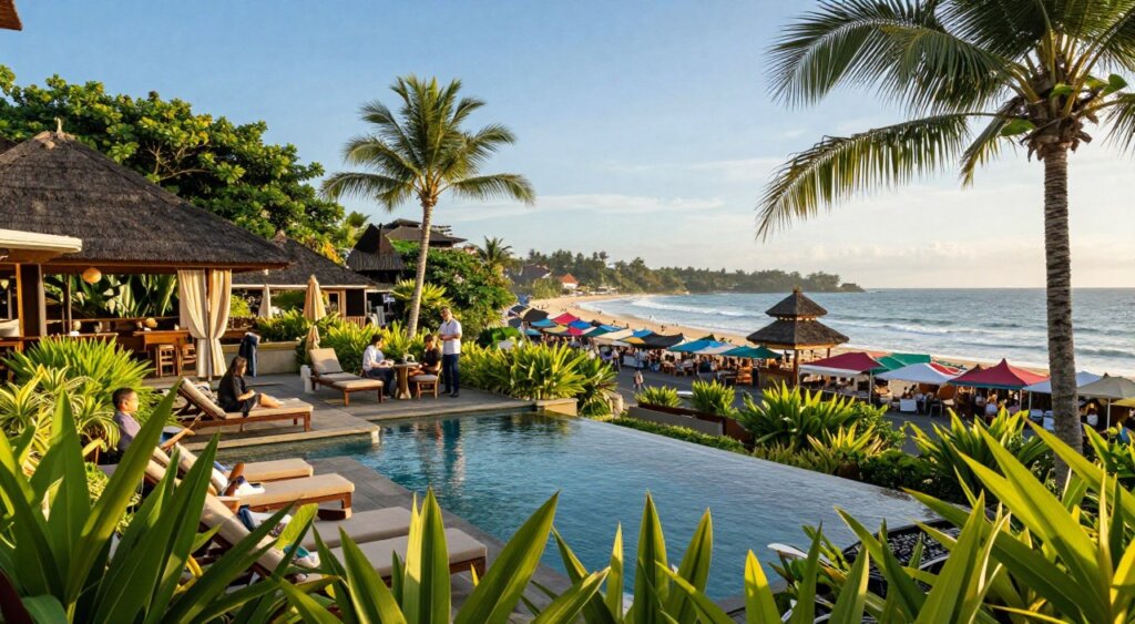 A breathtaking view of the Harris Hotel Kuta Galleria, nestled among the lush greenery of Bali, featuring an inviting pool area in the foreground, adorned with tropical plants and sun loungers. In the middle ground, guests in professional attire and modest casual clothing are enjoying the hotel amenities. The background showcases iconic Balinese attractions such as the pristine Kuta Beach and a vibrant local market, framed by palm trees and a clear blue sky. The scene is bathed in warm, golden afternoon light, enhancing the lush colors and textures. Captured with a wide-angle lens to create depth, the image exudes a relaxing, inviting atmosphere, perfect for exploring the rich culture and beauty surrounding the hotel.