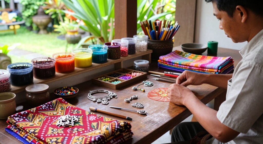 A bright and inviting Balinese workshop scene capturing the essence of preparing for a personalized souvenir experience. In the foreground, a wooden table is adorned with vibrant batik fabrics, intricately designed silver jewelry pieces, and traditional crafting tools. A skilled artisan, dressed in modest casual clothing, is carefully laying out materials, showcasing the artistic process. In the middle, shelves filled with colorful dyes and beading supplies are neatly arranged, emphasizing the workshop's creativity and preparation. The background features a serene view of a lush Balinese garden, bathed in soft, natural sunlight, creating a warm and welcoming atmosphere. The composition is shot from a slightly elevated angle to provide depth, showcasing the artistry and vibrancy of the workshop setting.