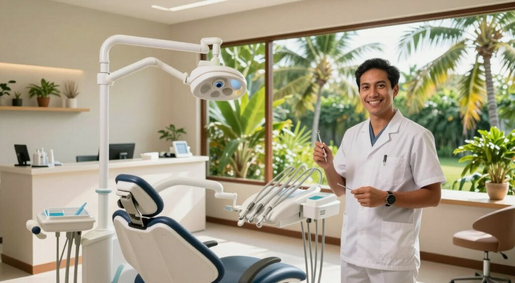 A bright and welcoming dental clinic in Bali, characterized by modern architecture and tropical elements. In the foreground, a friendly dentist in professional attire stands beside an advanced dental chair, holding dental tools. The middle ground showcases a clean, organized reception area with lush indoor plants and calming decor. In the background, large windows reveal a serene view of lush Balinese greenery and coconut trees, bathed in warm, natural light that creates a peaceful atmosphere. The scene conveys a sense of professionalism and comfort, ideal for individuals seeking quality dental care in a tropical paradise. The angle captures both the inviting interior and the beautiful natural surroundings, emphasizing the unique appeal of choosing a Bali dentist.