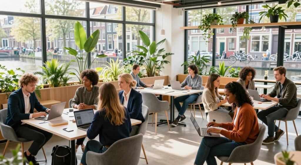 A bright, modern coworking space in the Netherlands, showcasing individuals engaged in remote work. In the foreground, a diverse group of professionals, including both men and women, dressed in smart casual attire, are focused on their laptops and discussing ideas together. The middle layer features a contemporary workspace with large windows, greenery, and stylish furniture, creating a vibrant yet tranquil atmosphere. In the background, iconic Dutch architecture with canals and bicycles can be glimpsed, reflecting the local culture. Soft natural lighting filters through the windows, casting gentle shadows, and evoking a sense of productivity and community among remote workers. The image should have a warm, inviting mood, synonymous with the thriving remote work culture in the Netherlands.