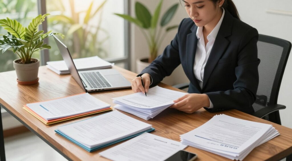 A bright, professional office space in Bali, featuring a large wooden desk cluttered with neatly organized immigration documents, colorful folders, and a laptop. In the foreground, a focused immigration lawyer, dressed in smart business attire, is sorting through the papers, showcasing a look of determination. On the desk, a tropical plant adds a touch of Bali's natural beauty. The background reveals large windows with soft, natural sunlight pouring in, emphasizing a welcoming and tranquil atmosphere. The color palette is warm and inviting, with earthy tones from the wood and vibrant greens from the plant. The image should be shot from a slightly elevated angle to capture both the lawyer's concentration and the organized chaos of the paperwork, reflecting a professional yet relaxed setting.