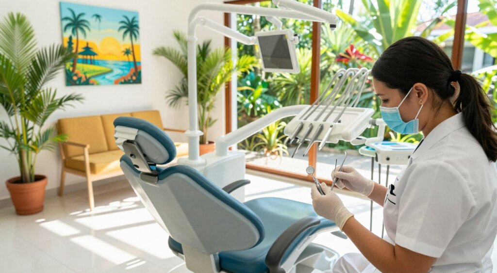 A bright, welcoming dental clinic in Bali, featuring a clean, modern dental chair surrounded by tropical-themed decor. In the foreground, a dental professional dressed in professional attire meticulously prepares dental tools, showcasing instruments like mirrors and scalers. The middle layer includes a comfortable waiting area with potted palms and bright, cheerful artwork depicting Bali’s landscape. Natural sunlight filters through the large windows, casting soft shadows across the gleaming floor. The background features lush greenery and glimpses of Bali’s serene environment visible outside, creating a tranquil atmosphere. The overall mood is one of professionalism and calm, emphasizing the importance of oral hygiene services while reflecting Bali's enchanting beauty. The image should be captured with a high-resolution lens, providing crystal-clear detail and vibrant colors, showcasing an inviting and serene environment.