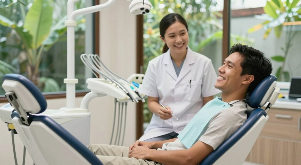 A bright, welcoming dental clinic in Bali, showcasing a smiling patient proudly displaying their perfect teeth. In the foreground, the patient is seated in a modern dental chair, wearing modest casual clothing, exuding a sense of satisfaction and confidence. The dentist, in professional attire, stands nearby, engaging in a friendly conversation, with a dental tool subtly in hand. In the middle ground, a clean and organized dental workstation with advanced dental equipment can be seen. The background features lush greenery through large windows, highlighting Bali’s natural beauty, while soft, natural lighting creates a warm and inviting atmosphere. The lens captures the moment with a slight depth of field, focusing on the patient’s joyful expression, emphasizing the theme of patient success in dental care.