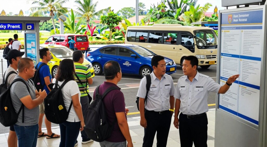 A bustling Bali airport arrival area filled with diverse travelers. In the foreground, a professional-looking local driver in a collared shirt and slacks is engaged in conversation with a traveler, gesturing toward an information board. The middle layer showcases groups of tourists observing various transportation options, such as a taxi stand, shuttle buses, and rideshare pickups, all under bright, natural daylight. The background features vibrant tropical greenery framing the airport entrance, evoking Bali's exotic atmosphere. The scene captures a sense of urgency and curiosity while emphasizing safety and reliability in transportation choices. The overall mood is informative and welcoming, with a focus on smooth travel experiences in a popular tourist destination.