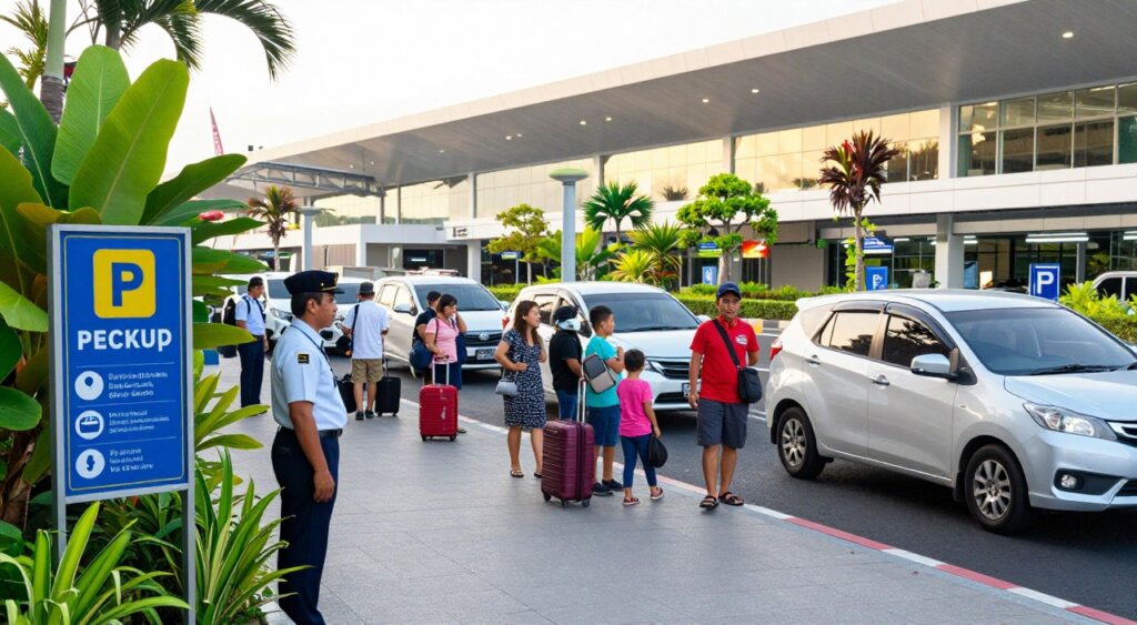 A bustling Bali airport arrival area, showcasing the designated pickup zones. In the foreground, a professional-looking airport staff member clad in a crisp uniform stands next to a clearly marked sign indicating the pickup locations. The middle ground features families and travelers of diverse backgrounds, each with luggage, engaging with friendly drivers awaiting their arrivals. Lush tropical plants frame the scene, adding a touch of Bali's natural beauty. In the background, the sleek architecture of the airport terminal reflects the afternoon sunlight, enhancing the vibrant atmosphere. Bright but soft natural lighting creates a welcoming ambiance, with a wide-angle perspective capturing the lively environment, aiming for a realistic, documentary-style photojournalism aesthetic.