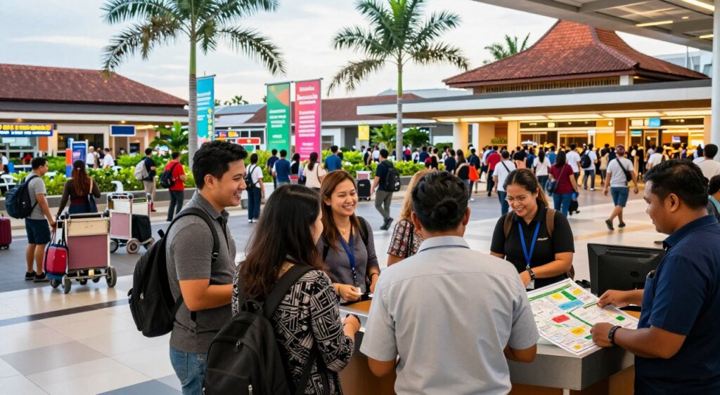 A bustling Bali airport arrival scene, capturing the energy and warmth of the location. In the foreground, a group of cheerful travelers in modest casual clothing consult a well-organized information desk, while friendly airport staff assist them with maps showcasing pickup zones. The middle ground features a lively crowd of arrivals with luggage rolling carts, palm trees gently swaying, and colorful welcome signs, immersing the viewer in the tropical ambiance. In the background, the architectural beauty of the airport is visible, blending modern design with traditional Balinese elements. The setting is illuminated by soft morning light that creates a welcoming atmosphere. The image is framed from a slightly elevated angle, emphasizing the dynamics of the scene and enhancing the mood of excitement and anticipation for travelers.