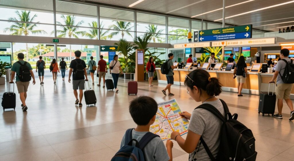 A bustling Bali airport interior with a variety of travelers navigating their way through the terminal. In the foreground, a family with children is studying a printed map, closely examining their route from the airport to the hotel, while other travelers casually walk by, some pulling luggage. The middle ground features multiple information kiosks and directional signs in a tropical-themed setting, illuminated by warm natural light streaming in through expansive glass doors. In the background, palm trees can be seen swaying gently outside, hinting at a beautiful Bali landscape. The overall mood is vibrant and energetic, evoking a sense of adventure and anticipation as travelers embark on their journey. Capture this scene with a wide-angle lens, ensuring depth and context.