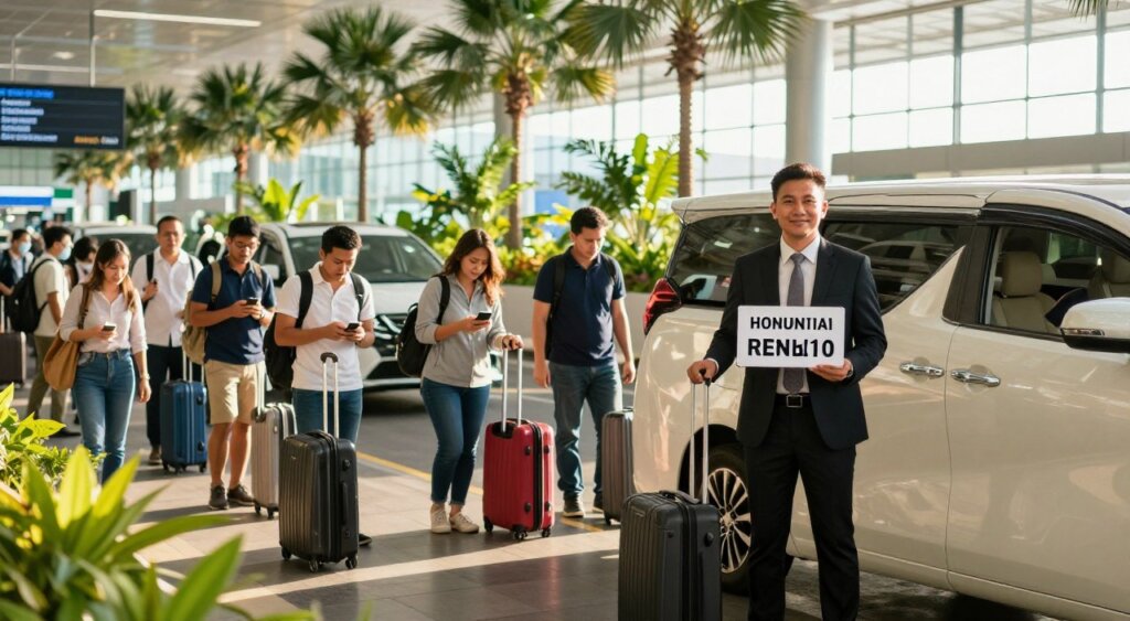 A bustling Bali airport pickup zone, with a focus on an organized transfer area. In the foreground, a well-dressed driver stands beside a luxury vehicle, holding a sign with a passenger's name. The middle ground features travelers with wheeled luggage, some checking in on their smartphones as they prepare for their rides. The background showcases a modern airport terminal with palm trees and tropical plants, bathed in warm afternoon sunlight streaming through large glass windows. The scene is vibrant and lively, reflecting a welcoming atmosphere. Capture this image with a shallow depth of field, emphasizing the driver and the travelers, while maintaining clarity in the terminal behind them. The overall mood is one of efficiency and anticipation, highlighting the ease of the airport transfer process.