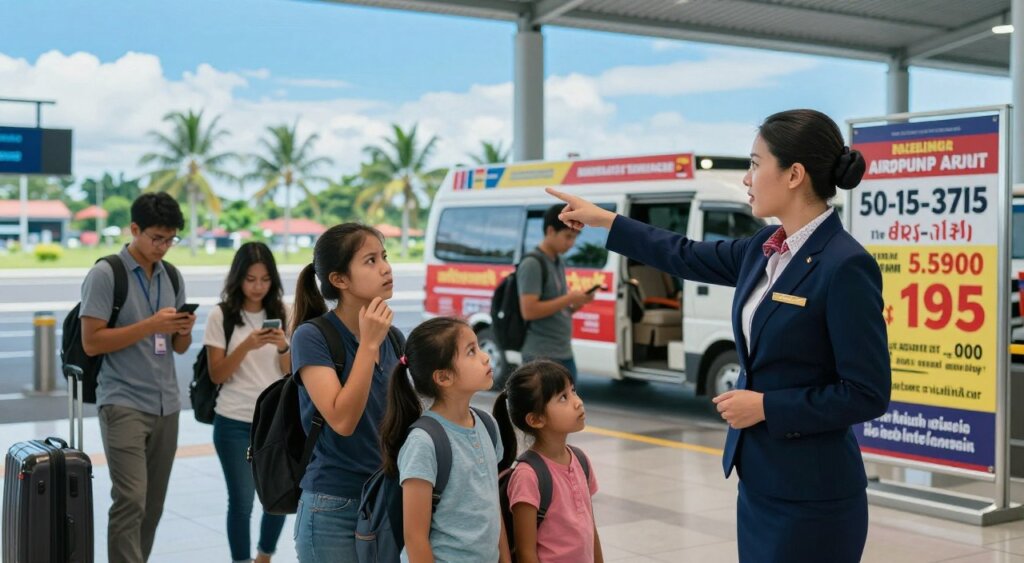 A bustling Bali airport scene during early morning hours, capturing travelers arriving with anticipation. In the foreground, a professional-looking female travel agent in a smart business suit is engaging with a family, pointing towards a misleading advertisement for airport transfers that displays inflated pricing. The family, dressed in casual yet neat clothing, appears confused and skeptical. In the middle ground, various transport services are depicted, with colorful banners showcasing exaggerated rates, while other travelers actively compare options on their smartphones. The background features a vibrant tropical landscape outside the airport with palm trees and bright blue skies. Soft, natural lighting illuminates the scene, evoking a sense of urgency and the need for awareness against scams. The composition conveys a critical moment of decision, emphasizing the importance of recognizing deceptive practices.