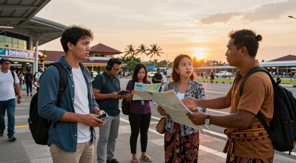 A bustling Bali airport scene showcasing a variety of tourist interactions. In the foreground, a confused traveler, dressed in modest casual clothing, is being approached by a friendly but overly enthusiastic local in traditional Balinese attire, offering dubious airport transfer services. The middle ground features a mix of recognizable Bali airport architecture and a group of tourists looking at a map, showcasing feelings of uncertainty. In the background, a vibrant sunset casts warm golden light over the scene, highlighting palm trees and the hustle of the airport environment. The atmosphere reflects a blend of excitement and caution, encapsulating the essence of tourist traps and scams. The image should be captured with a wide-angle lens for depth, emphasizing the dynamic interactions.