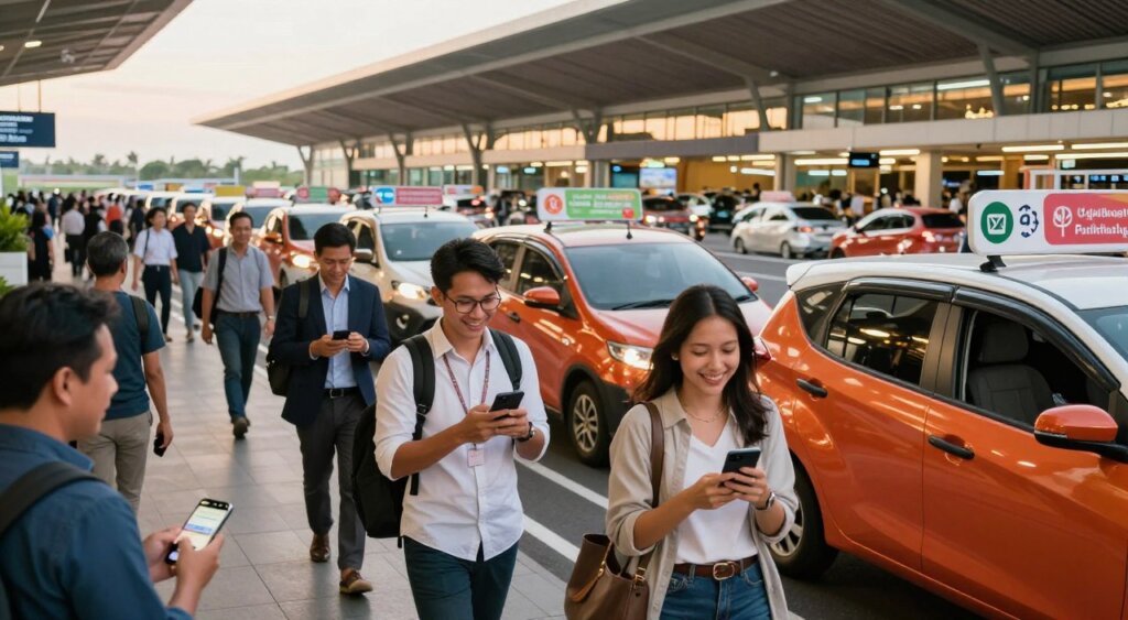 A bustling Bali airport scene showcasing seamless airport transfers. In the foreground, a diverse group of travelers in professional business attire and modest casual clothing are engaging with ride-hailing apps on their smartphones, displaying expressions of joy and anticipation. The middle ground features a line of modern, vibrant ride-hailing vehicles ready for pickups, with clear signage indicating different app services. In the background, the iconic Bali airport terminal is visible, illuminated by warm, natural lighting from the afternoon sun, enhancing the lively atmosphere. The angle captures a dynamic perspective, emphasizing movement and organization, while evoking a sense of ease and efficiency in the airport transfer experience. The overall mood is positive, representing the ease of navigating airport transportation in Bali.
