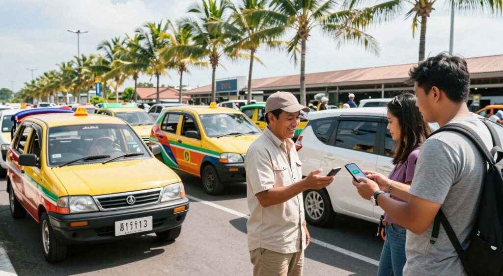 A bustling Bali airport scene showcasing the vibrant local transportation options. In the foreground, a friendly local taxi driver in modest casual attire eagerly engages with a tourist, who is examining a smartphone app, representing modern rides like Grab. The middle ground features a colorful row of traditional taxis, juxtaposed with a sleek Grab vehicle parked nearby. The background displays the busy airport terminal, framed by tropical palm trees under a bright, sunny sky. Natural daylight illuminates the scene, casting soft shadows and highlighting the warm, welcoming atmosphere of Bali. Capture the sense of adventure and local culture, embodying the lively interactions between travelers and locals. Focus on realistic photojournalism quality, akin to National Geographic standards.