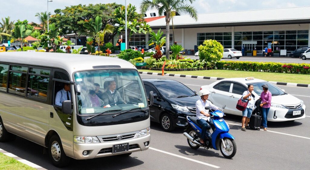 A bustling Bali airport transfer scene showcasing a variety of vehicle options. In the foreground, a modern shuttle bus with passengers in business attire, ready for departure. The middle ground features a sleek black car and a vibrant blue motorbike, signifying different transport choices. A taxi stands nearby, and a friendly driver can be seen assisting a couple with their luggage. In the background, lush tropical greenery and the iconic Bali airport terminal create a welcoming atmosphere. The lighting is bright and sunny, highlighting the vehicles and their surroundings. The photograph is taken from a dynamic angle, capturing the energy of travel and adventure, evoking a sense of excitement and anticipation for visitors arriving in Bali. A bustling Bali airport transfer scene showcasing a variety of vehicle options. In the foreground, a modern shuttle bus with passengers in business attire, ready for departure. The middle ground features a sleek black car and a vibrant blue motorbike, signifying different transport choices. A taxi stands nearby, and a friendly driver can be seen assisting a couple with their luggage. In the background, lush tropical greenery and the iconic Bali airport terminal create a welcoming atmosphere. The lighting is bright and sunny, highlighting the vehicles and their surroundings. The photograph is taken from a dynamic angle, capturing the energy of travel and adventure, evoking a sense of excitement and anticipation for visitors arriving in Bali.