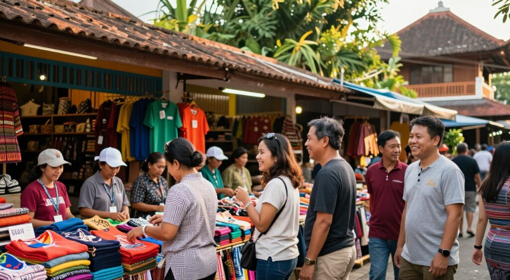 A bustling Bali factory outlet scene showcasing cheerful visitors engaged in shopping. In the foreground, a diverse group of 3-4 individuals dressed in modest casual clothing, joyfully browsing through vibrant displays of clothing and handcrafted goods. The middle ground features colorful storefronts with locals assisting customers, creating an inviting atmosphere. The background displays lush greenery and traditional Balinese architecture, gently illuminated by warm, natural sunlight. The angle captures a dynamic, immersive view, evoking a sense of excitement and discovery. The mood is lively and positive, reflecting the enthusiastic visitor reviews and testimonials of the unique shopping experience. Aim for a realistic, professional photojournalism style with National Geographic quality.