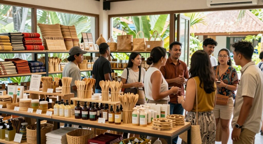 A bustling Bali factory outlet specializing in sustainable products. In the foreground, a diverse group of professionals in smart casual attire discusses eco-friendly items made from bamboo and recycled materials. The middle ground features shelves lined with artisanal goods, including handwoven textiles, biodegradable utensils, and organic skincare products, all artfully displayed. In the background, large windows let in warm, natural light, showcasing lush greenery and the vibrant ambiance of Bali outside. The scene evokes a sense of community and commitment to ethical practices, with a harmonious color palette reflecting earth tones. The photo captures the essence of sustainability in a professional photojournalism style, emphasizing environmental consciousness and local craftsmanship.